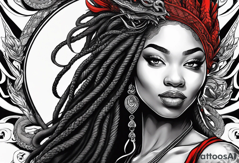 Red dragon behind black woman with dreadlocks tattoo idea