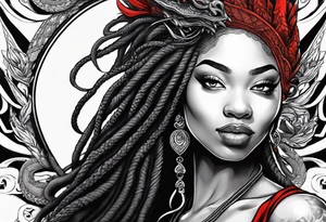 Red dragon behind black woman with dreadlocks tattoo idea