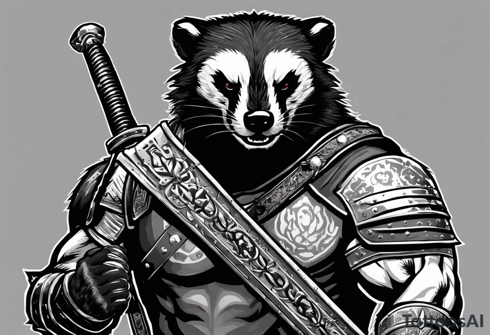Draw me psychopath Honey Badger/Berserker with aggressive full body, killer face with a scary smile, very long nails and he attacks like a Bloody Assassin/Warrior/Gladiator to us and also, he has very deadly looking. He fights with his nails. Everybody scares after their first sight. Give me horror type Badger Tattoo. I want to see his Realistic full body with no weapons. tattoo idea