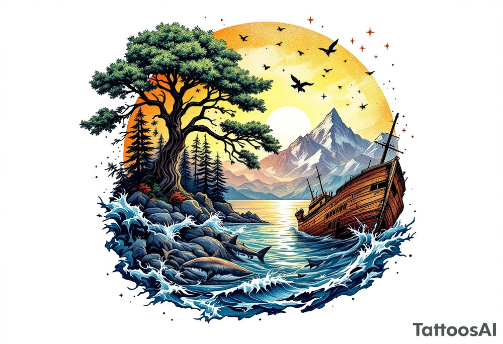 tattoo that has an acacia tree with forest mountains, ocean with a ship wreck with sharks and the bright northern star tattoo idea