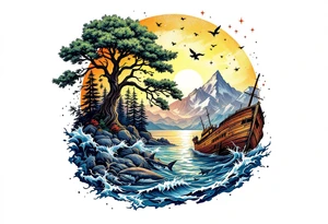 tattoo that has an acacia tree with forest mountains, ocean with a ship wreck with sharks and the bright northern star tattoo idea