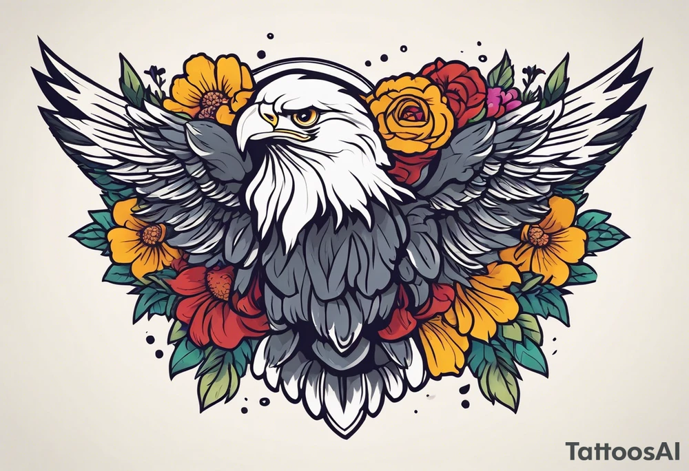 eagle with wings crown on head simple bold colors old school traditional vintage
surrounded by flowers tattoo idea