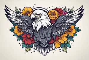 eagle with wings crown on head simple bold colors old school traditional vintage
surrounded by flowers tattoo idea