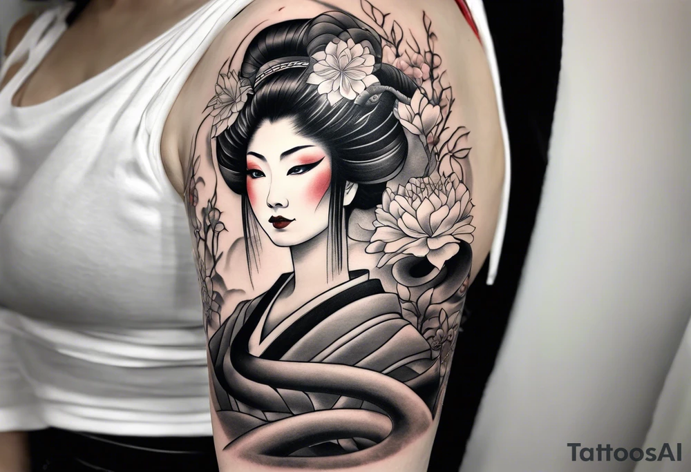 High contrast black and grey Japanese full arm tattoo, geisha on upper arm and snake with flowers going down the forearm imagine tattoo idea