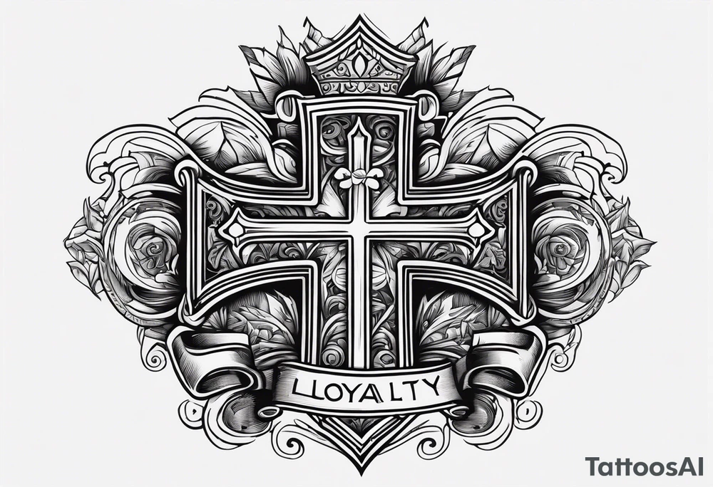 Cross with wording saying Loyalty Is Key in old English with two guns and money in the background tattoo idea