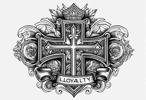 Cross with wording saying Loyalty Is Key in old English with two guns and money in the background tattoo idea