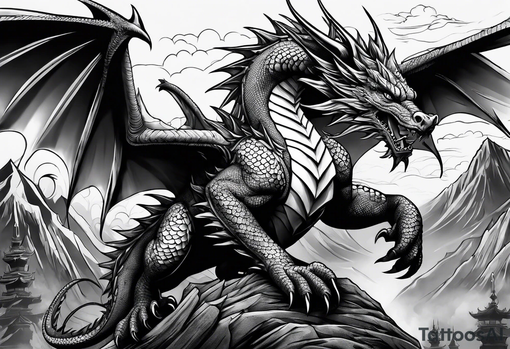 aztech dragon climbing mountain tattoo idea