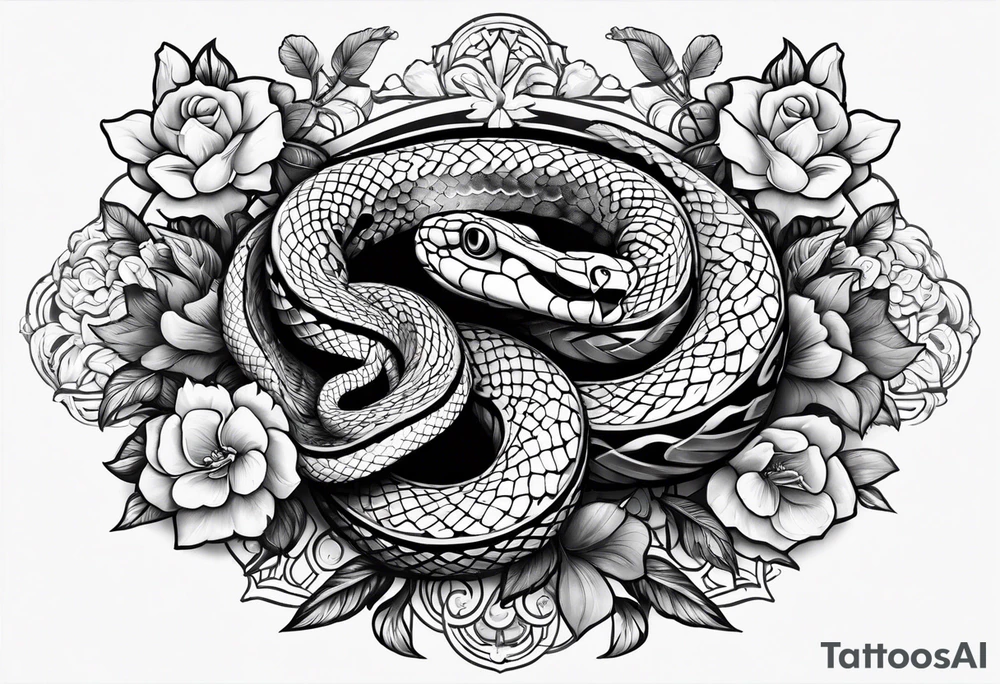 Snake with cross and flowers tattoo idea