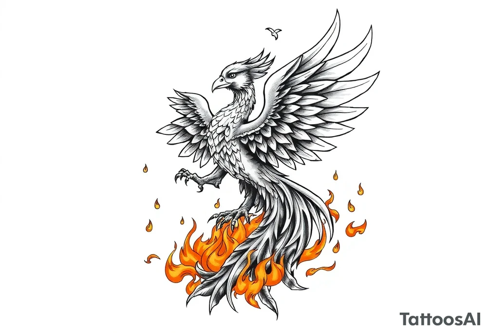 magnificent phoenix rising from golden flames with trailing embers tattoo idea