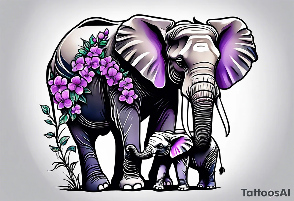 Elephant passing lilacs to a baby elephant tattoo idea