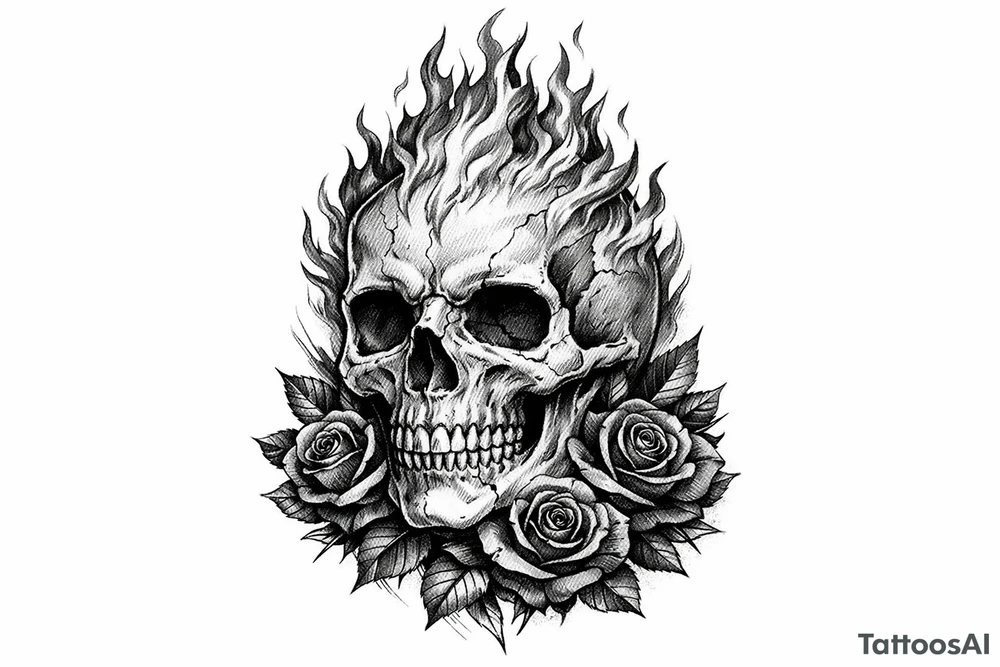 Realistic skull with vibrant orange and red flames, dark red roses at base. tattoo idea
