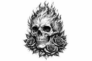 Realistic skull with vibrant orange and red flames, dark red roses at base. tattoo idea