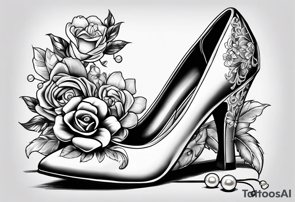 1950s pinup pumps with flowers, pearl necklaces, bows, and lace tattoo idea