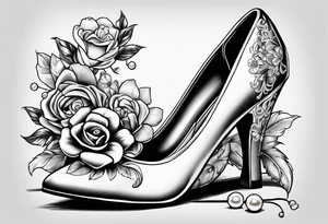1950s pinup pumps with flowers, pearl necklaces, bows, and lace tattoo idea