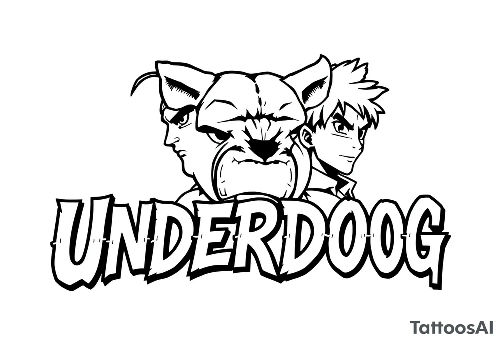 the word underdog in a with 3 anime characters Hajime no Ippo and Naruto and son Goku tattoo idea