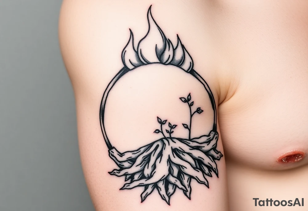 flame in a roots circle, with little sprouts on the archway tattoo idea