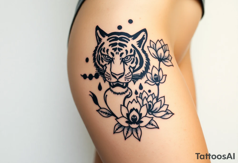 fierce tiger emerging through blooming lotus flowers in mist tattoo idea