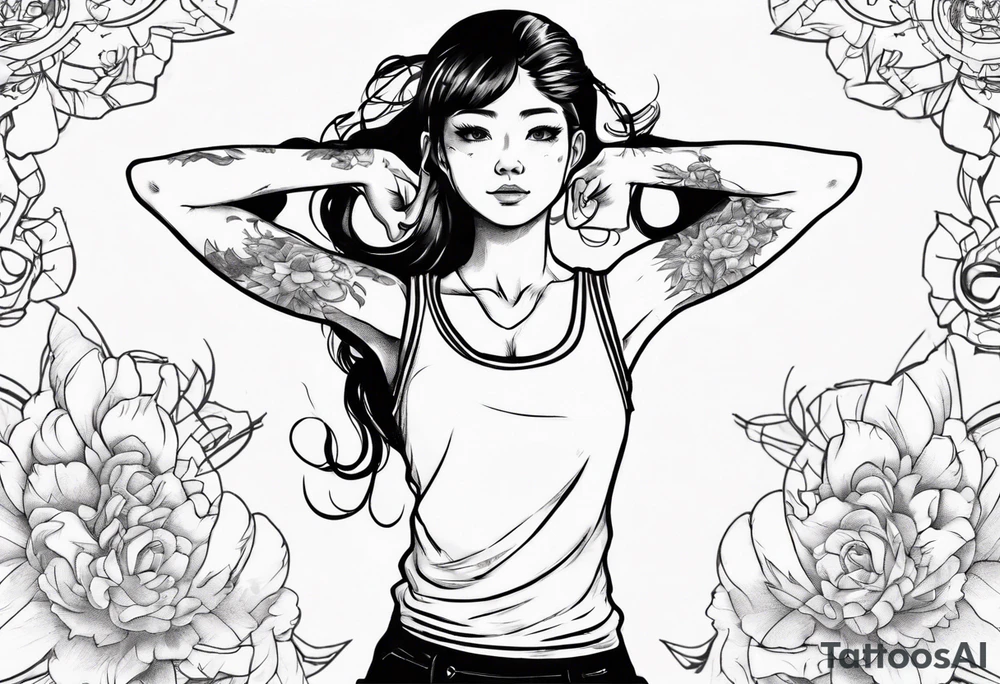 Cute girl stretching he arms above her head. She is wearing a sleeveless shirt tattoo idea