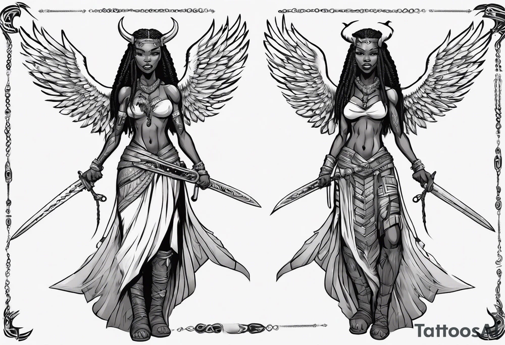 African female Viking valkyre angel smiling full body 
slim long face small mouth long braided hair holding sword tattoo idea