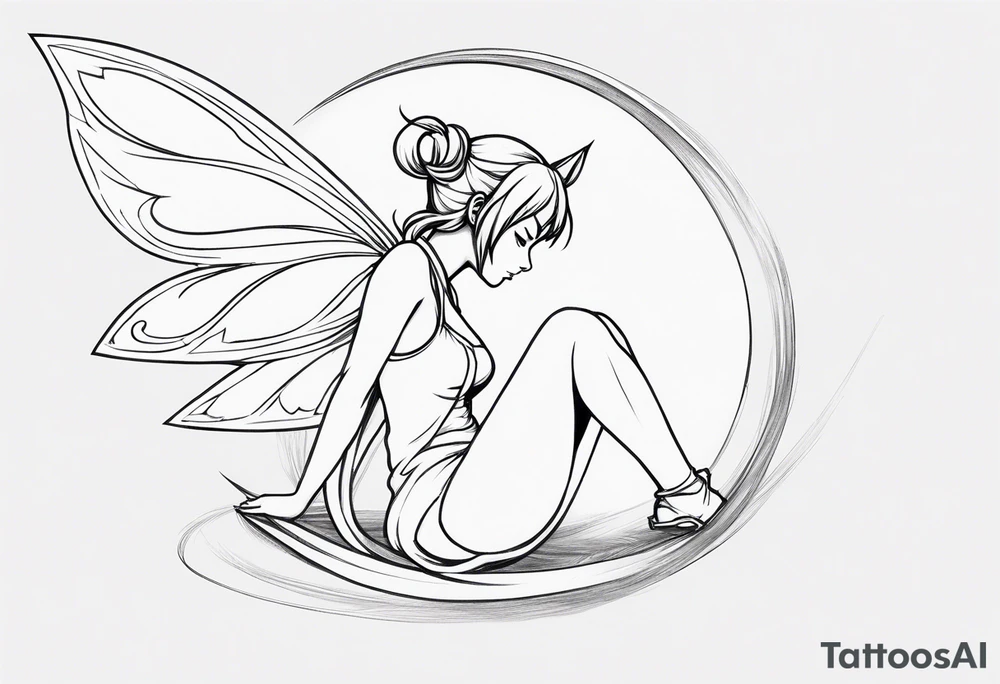 No color sideways sketch of a fairy with a tail inspired by the guild symbol in the anime show called Fairy Tail in a fetal position leaning forward while crawled in with hands a bit forward and her body is an angle while floating in the air tattoo idea