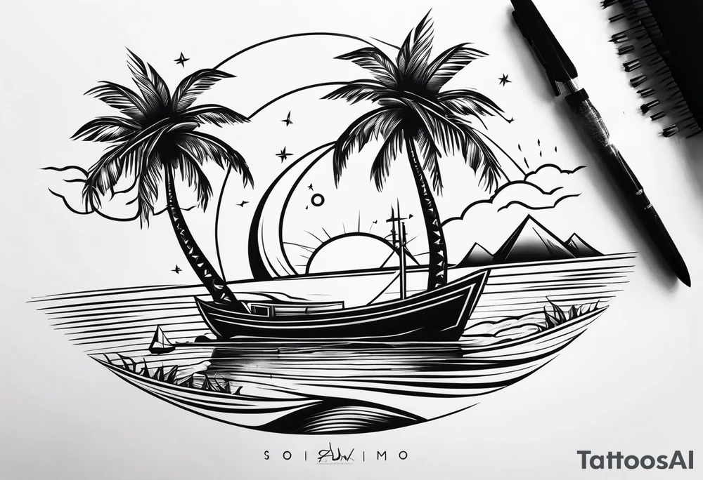 Clean lines palm tree boat sun tattoo idea
