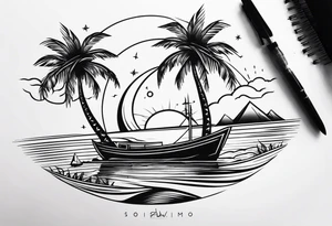 Clean lines palm tree boat sun tattoo idea