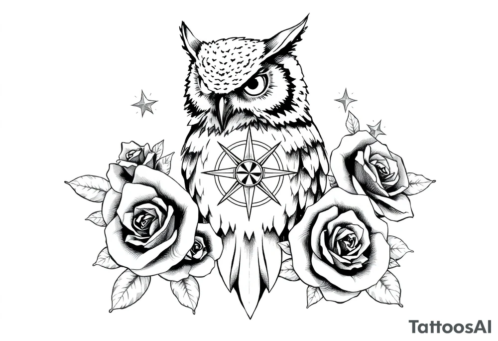 an owl,compass,roses,stars. tattoo idea