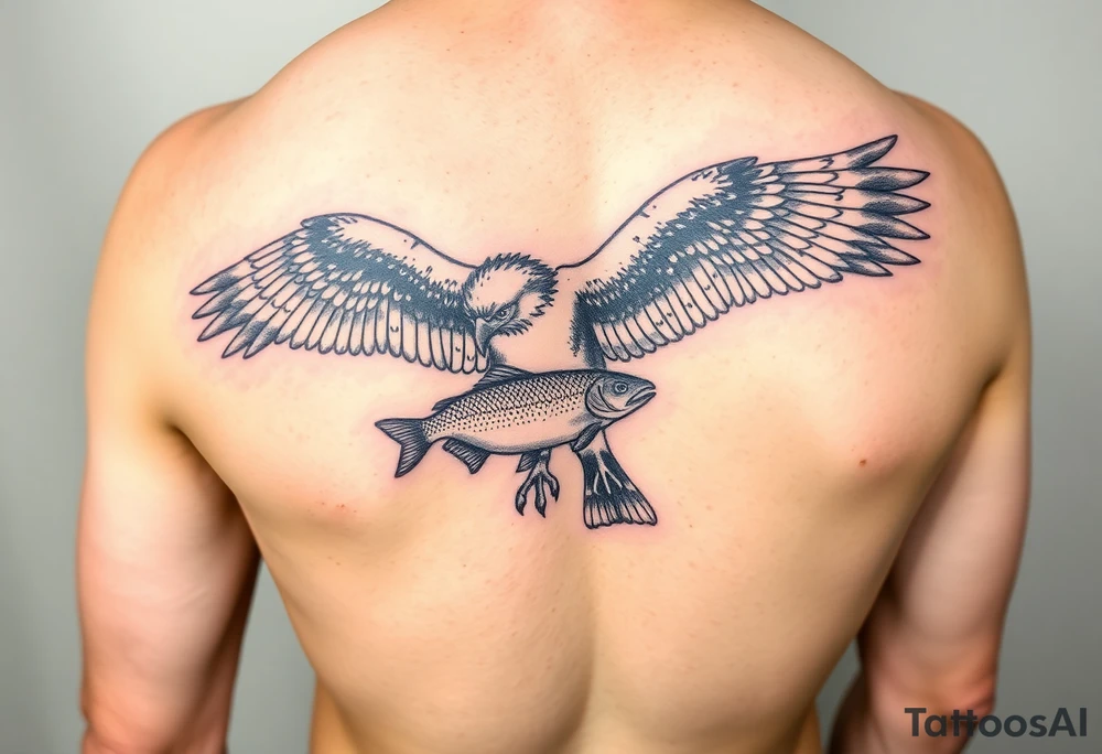 Realistic sized Osprey with a small trout in its talons tattoo idea