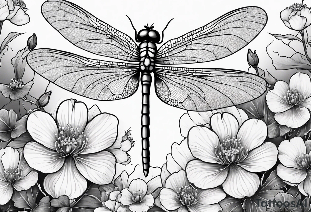 Dragon fly with clover flowers behind it tattoo idea
