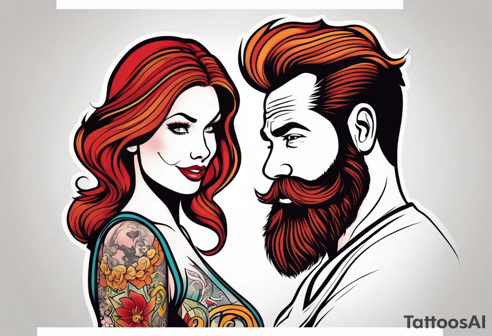 Busty Red haired woman with bearded man tattoo idea
