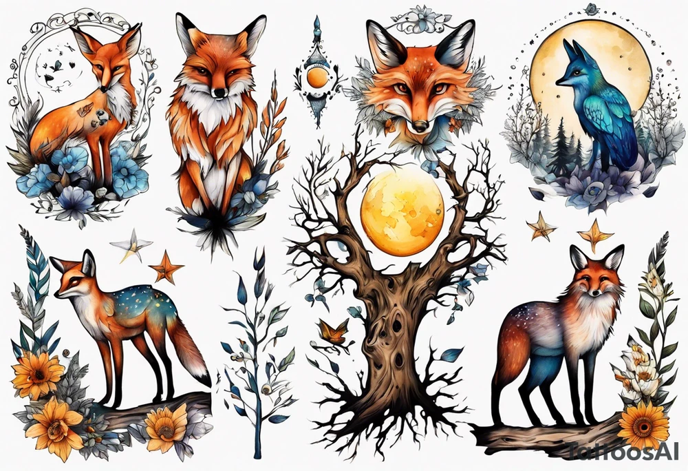 wasser sonne und mond fuchs eule kolibri wald hirsch blume des lebens 
baum berlin tattoo idea
