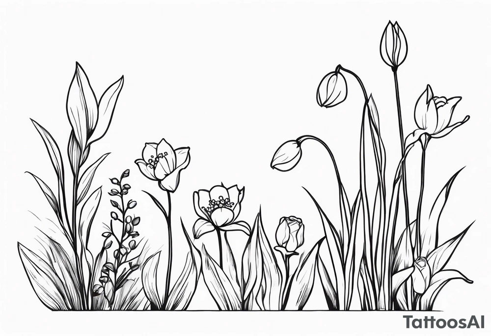 Lily of the valley stem, rose stem, greenery, tiny frog, tulips, grasses tattoo idea