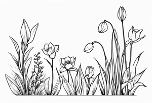 Lily of the valley stem, rose stem, greenery, tiny frog, tulips, grasses tattoo idea