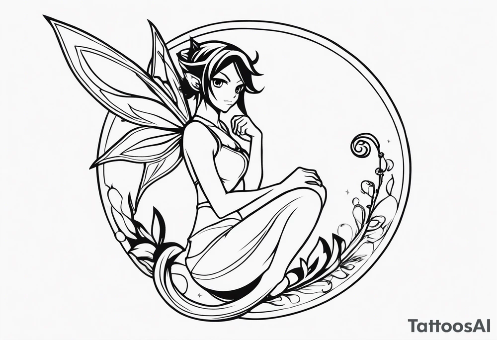 No color fairy with a tail inspired by the logo of the show called Fairy Tail in a fetal position leaning in and forward tattoo idea
