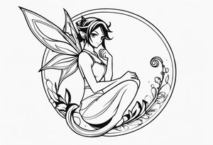No color fairy with a tail inspired by the logo of the show called Fairy Tail in a fetal position leaning in and forward tattoo idea