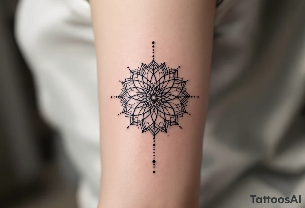simple, minimalist tattoo, sacred geometry mandala, centerpiece design, dotwork patterns, radiating geometry, symmetrical mandala, geometric shapes, intricate dotwork, sacred patterns, mandala center, geometric radiating, fine line work, black grey shading, minimalist design, no outlines, arm placement, delicate linework, precise geometry, clean symmetry, sacred symbols, geometric precision, dotwork details, mandala focal point, refined patterns, understated complexity, geometric harmony, minimalist tattoo idea