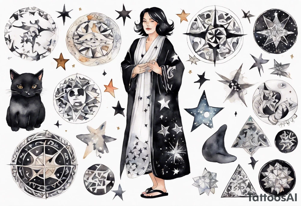 a middle-aged black-haired woman dressed in a black and white Nordic robe, wearing black slippers, surrounded by stars tattoo idea