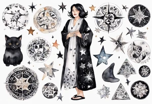 a middle-aged black-haired woman dressed in a black and white Nordic robe, wearing black slippers, surrounded by stars tattoo idea