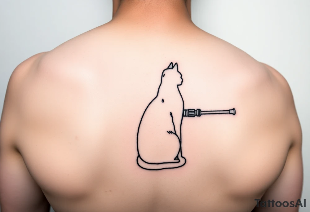 "Minimalist black tattoo of:  
1. Cat (geometric outline, sitting calmly)  
2. Maxim M1910 machine gun (simplified side view)  

Key details:  
- Cat's tail transforms into the gun barrel  
- No shading, only clean 1mm lines  
- Size: 10cm (forearm)  

Style: Like a zen ink painting meets military schematic." tattoo idea