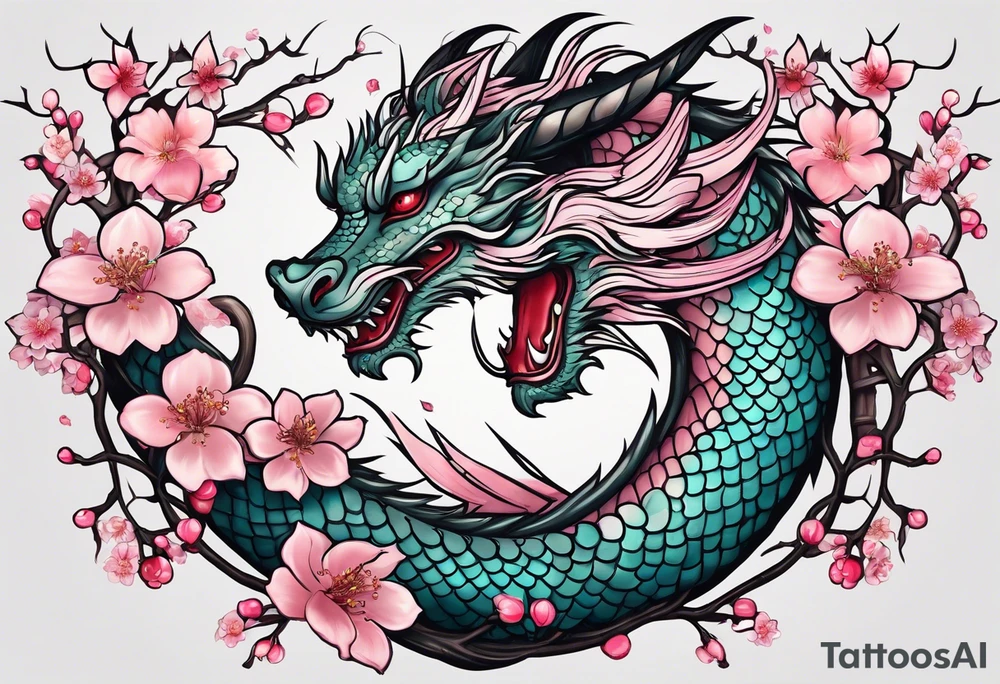 Delicate feminine simple dragon intertwined in cherry blossom, soft lines, soft dragon, pleasant dragon, beautiful cherry blossom tattoo idea