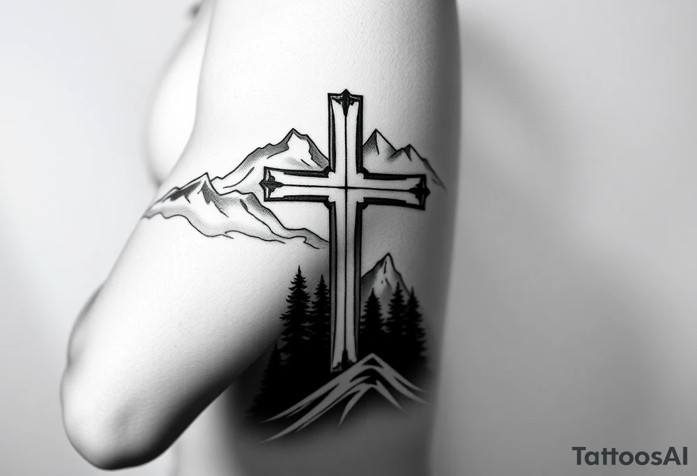 christian orthodox cross which is relatively small, with the diagonal line at the bottom with a light forrest with a light mountainous setting tattoo idea