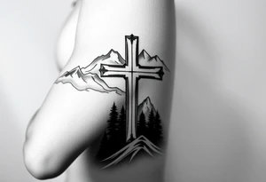 christian orthodox cross which is relatively small, with the diagonal line at the bottom with a light forrest with a light mountainous setting tattoo idea