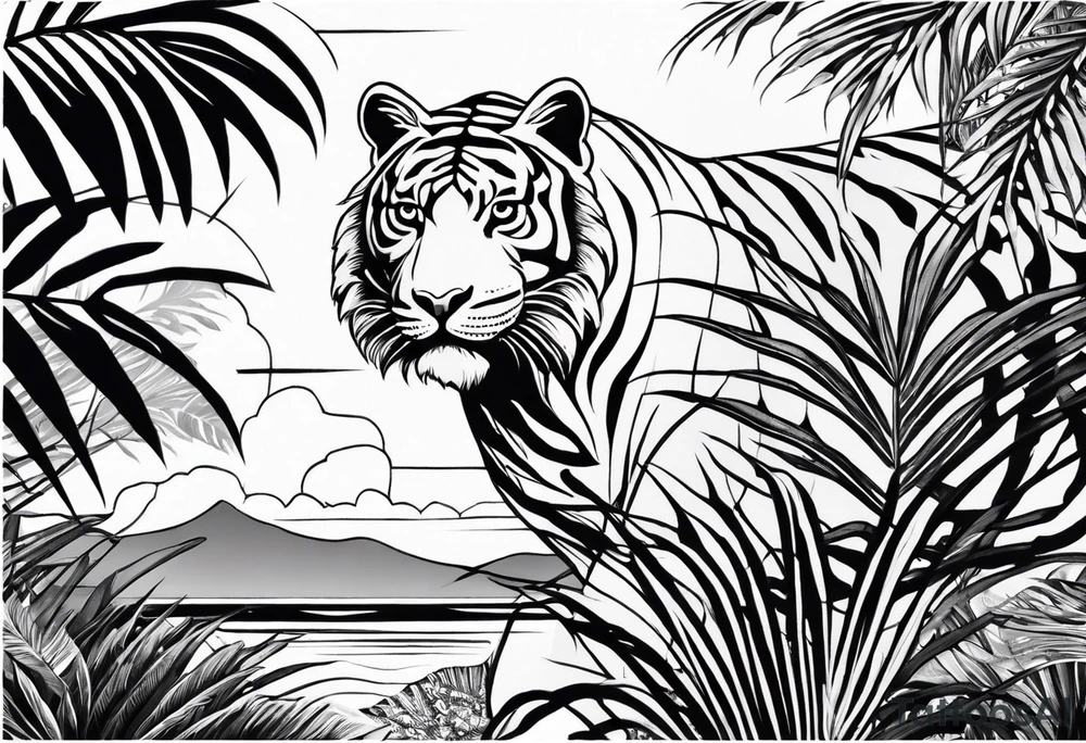 Full tattoo sleeve with minimalist tiger, monstera foliage, beach landscape tattoo idea