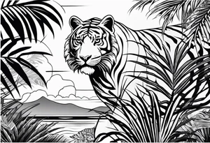 Full tattoo sleeve with minimalist tiger, monstera foliage, beach landscape tattoo idea