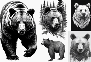 Photorealism bear and forrest sleeve tattoo idea