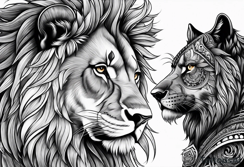 Lion looking left and wolf looking right tattoo idea