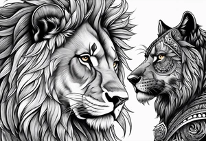 Lion looking left and wolf looking right tattoo idea