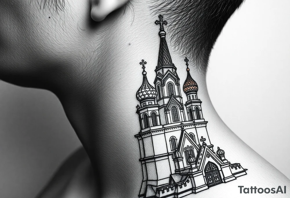 St. Basil's Cathedral scene with a christian orthodox in a ak47 style with a beaded orthodox thurible chain tattoo idea