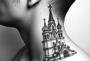St. Basil's Cathedral scene with a christian orthodox in a ak47 style with a beaded orthodox thurible chain tattoo idea