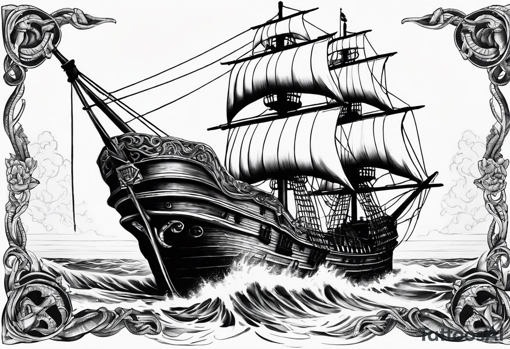 pirate ship with large skull covering the bow of the ship being overtaken by a kraken tattoo idea